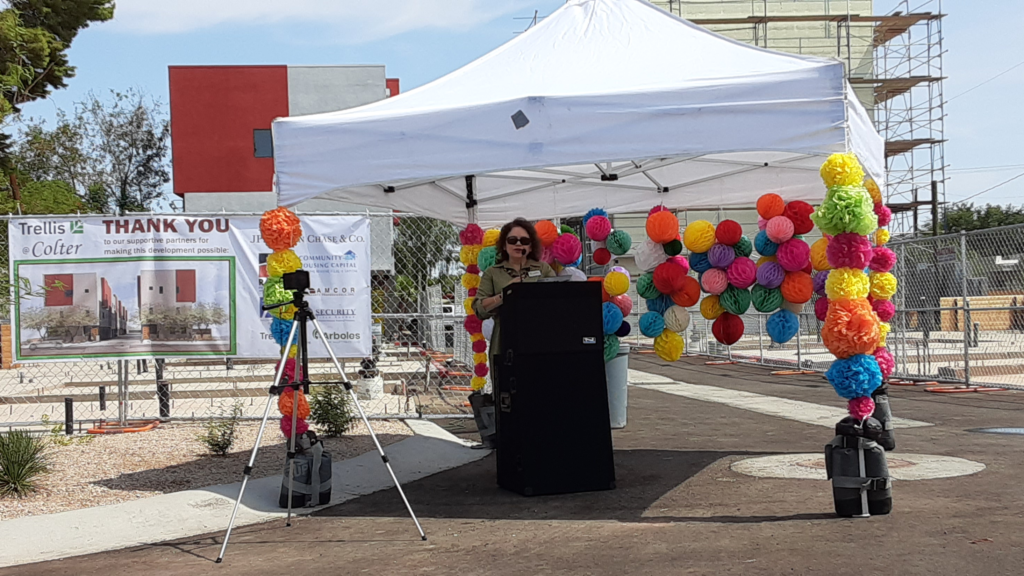 Patricia Garcia Duarte delivering remarks at the Trellis@Colter Grand Opening
